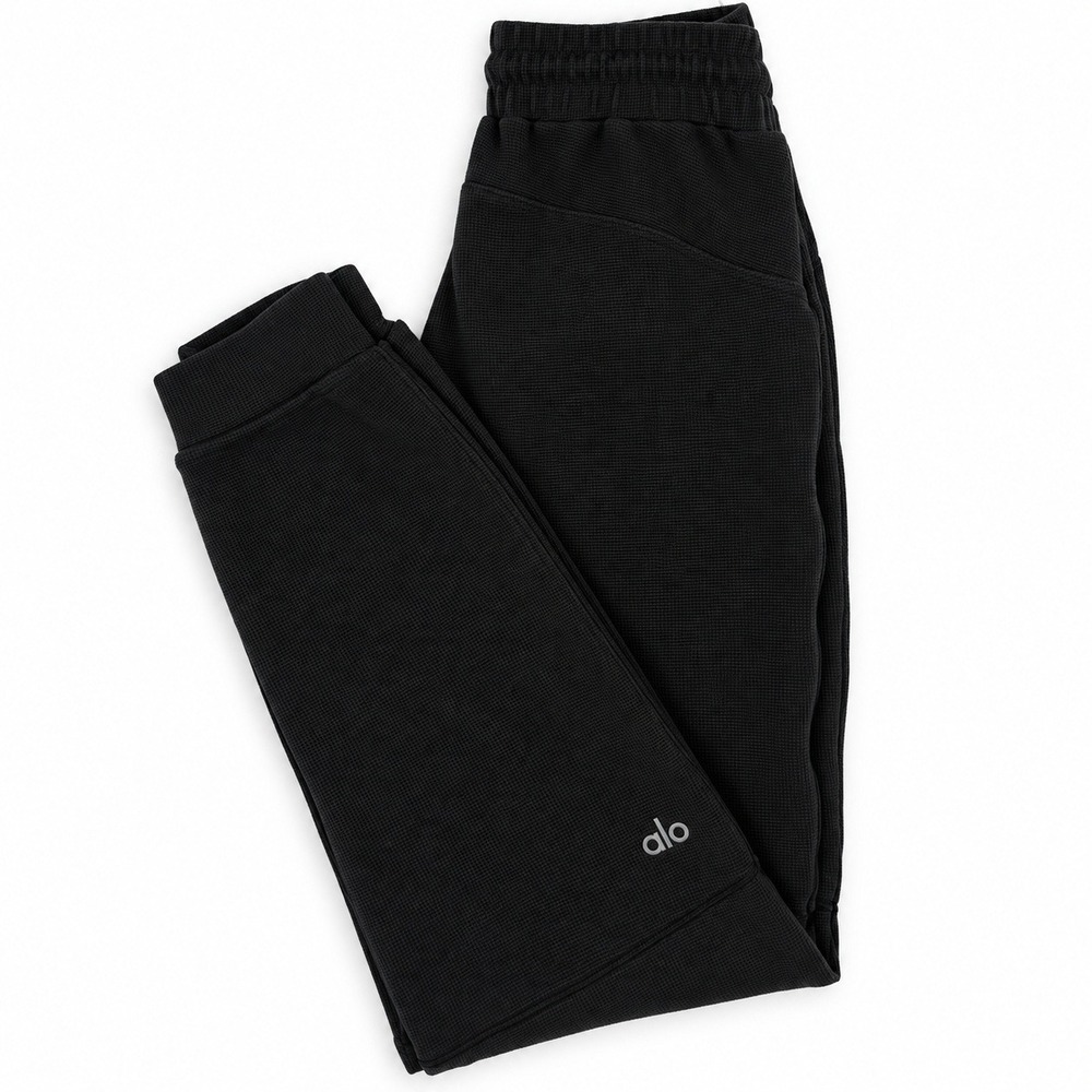 Alo Yoga Waffle Knit Joggers Womens Black Drawstring Pockets Athleisure Pants